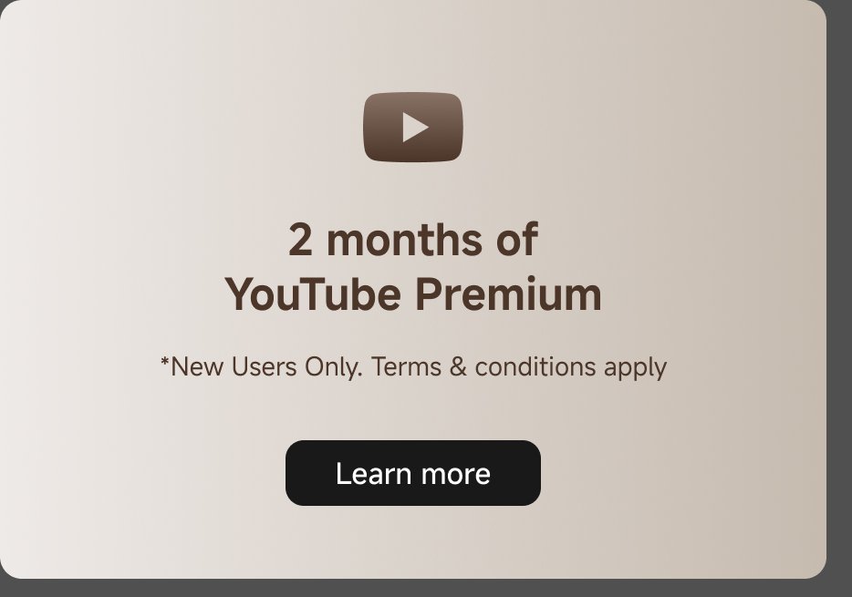 2 months of YouTube Premium promotion, available for new users. Terms and conditions apply. The button says "Learn more."