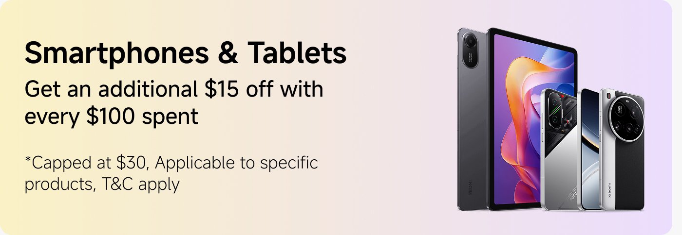 Smartphones and tablets are displayed with a promotion offering an additional $15 off for every $100 spent, capped at $30. The products include various models, showcasing their designs. Terms and conditions apply.