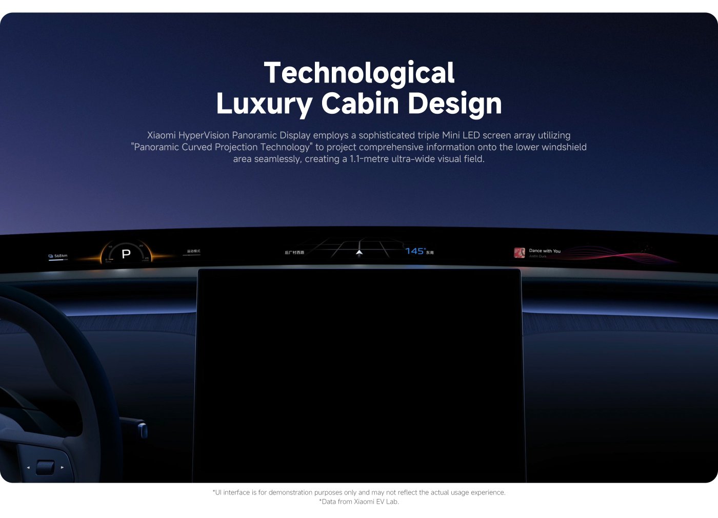 The Xiaomi HyperVision Panoramic Display showcases an advanced triple Mini LED screen array that utilizes "panoramic curved projection technology" to seamlessly project information onto the windshield area below, creating an ultra-wide visual field of 1.1 meters.