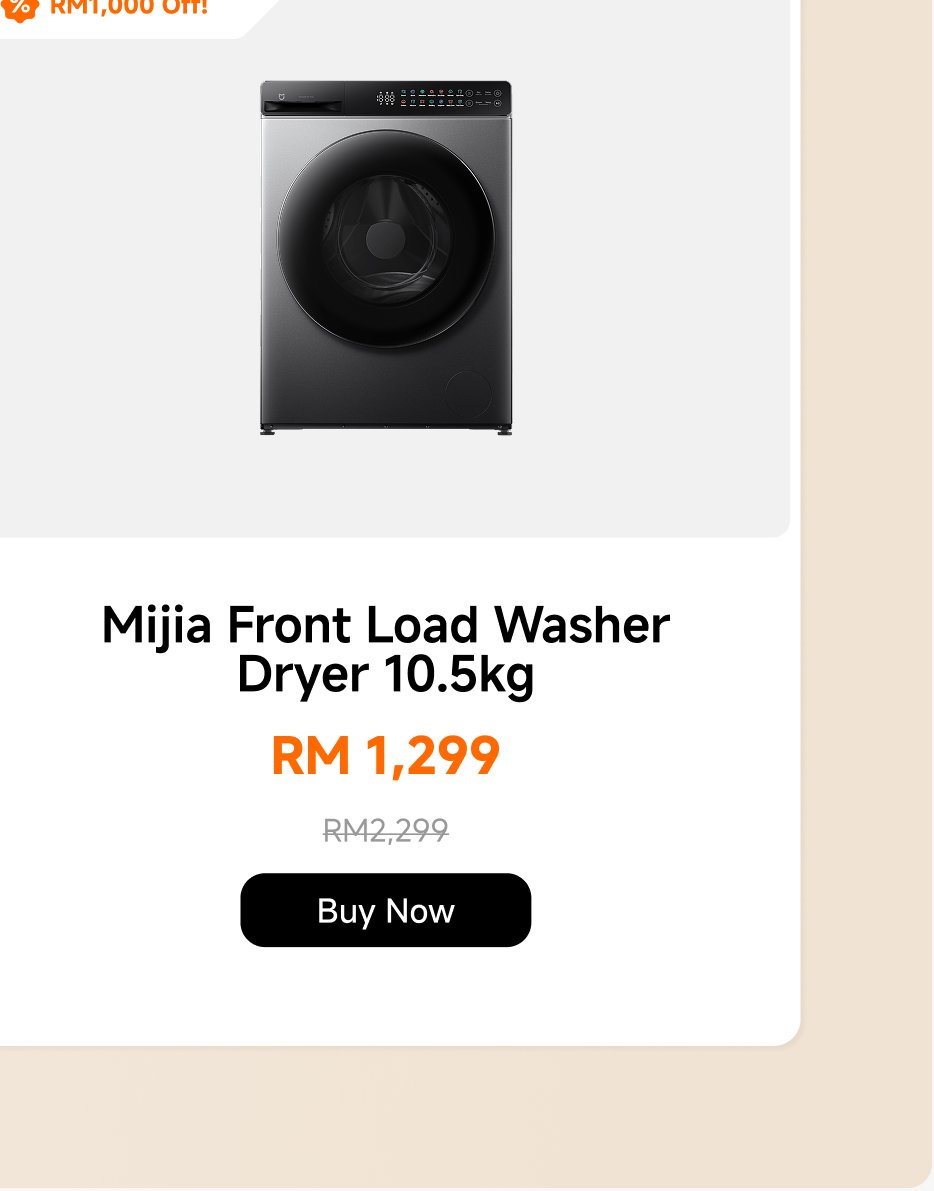 Mijia front-loading washing machine and dryer, capacity of 10.5 kilograms, promotional price is RM 1,299, original price RM 2,299. Provides an "Buy Now" button.
