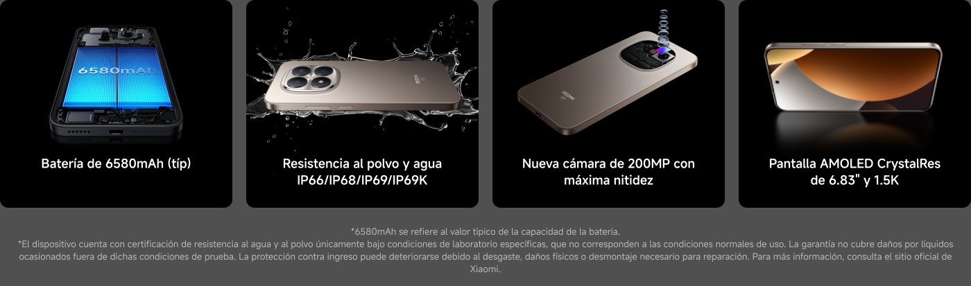 La imagen presenta características de un dispositivo móvil. Destaca una batería de 6580mAh, resistencia al polvo y agua (certificaciones IP66/IP68/IP69/IP69K), una cámara de 200MP con alta nitidez, y una pantalla AMOLED CrystalRes de 6.83" y 1.5K.