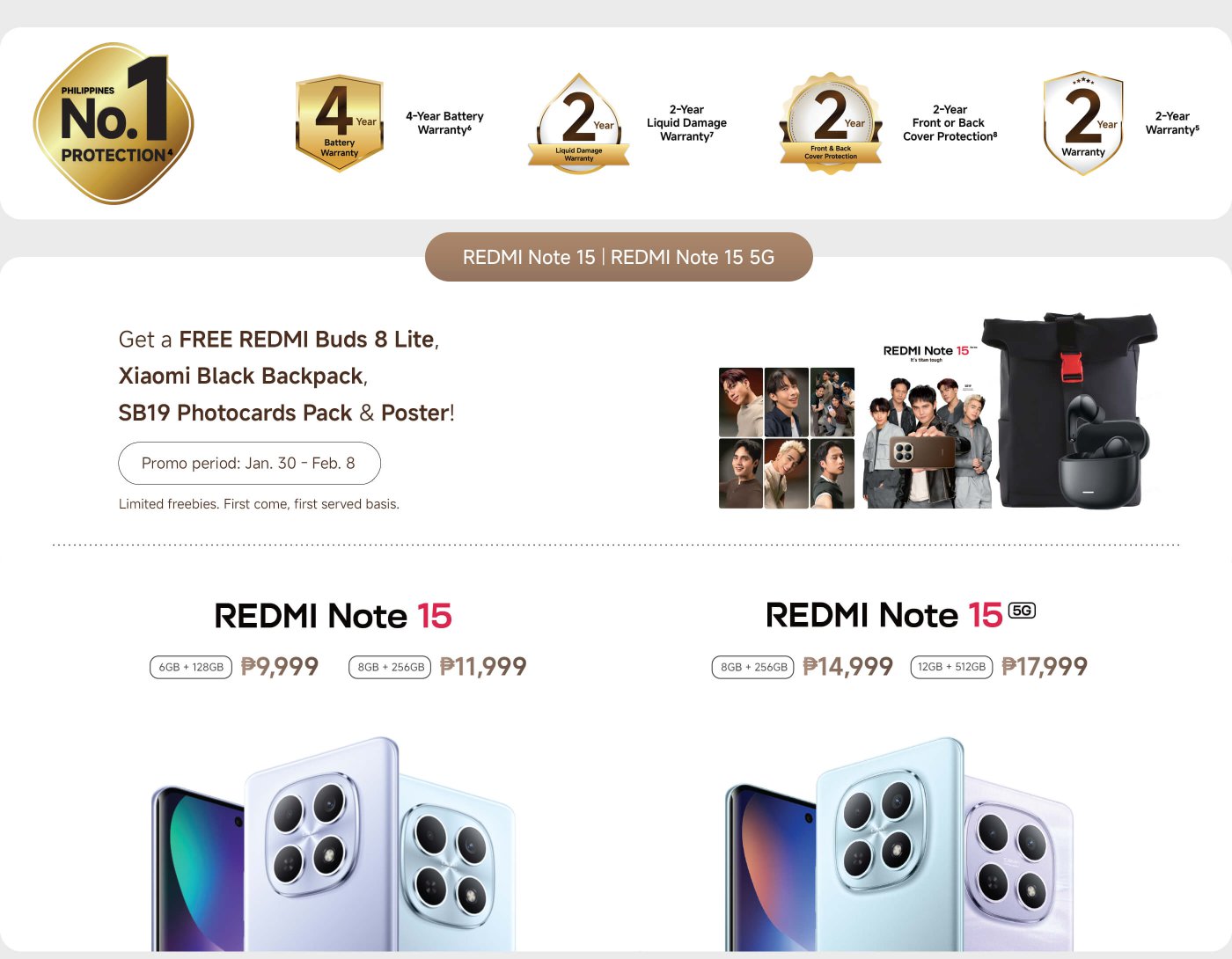 The image showcases the specifications and pricing for the REDMI Note 15 and REDMI Note 15 5G smartphones. The REDMI Note 15 offers two options: 6GB + 128GB for ₱9,999 and 8GB + 256GB for ₱11,999. The REDMI Note 15 5G provides three configurations: 8GB + 256GB for ₱14,999, 12GB + 512GB for ₱17,999. A promotional offer includes a ₱500 down payment with additional perks such as discounts and free items like earbuds and a backpack during the pre-order period from January 16 to 29.
