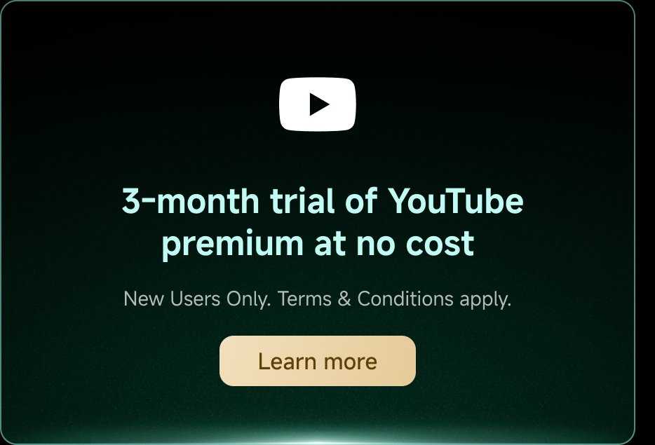 Offer a three-month free trial of YouTube Premium, limited to new users. Terms and conditions apply.