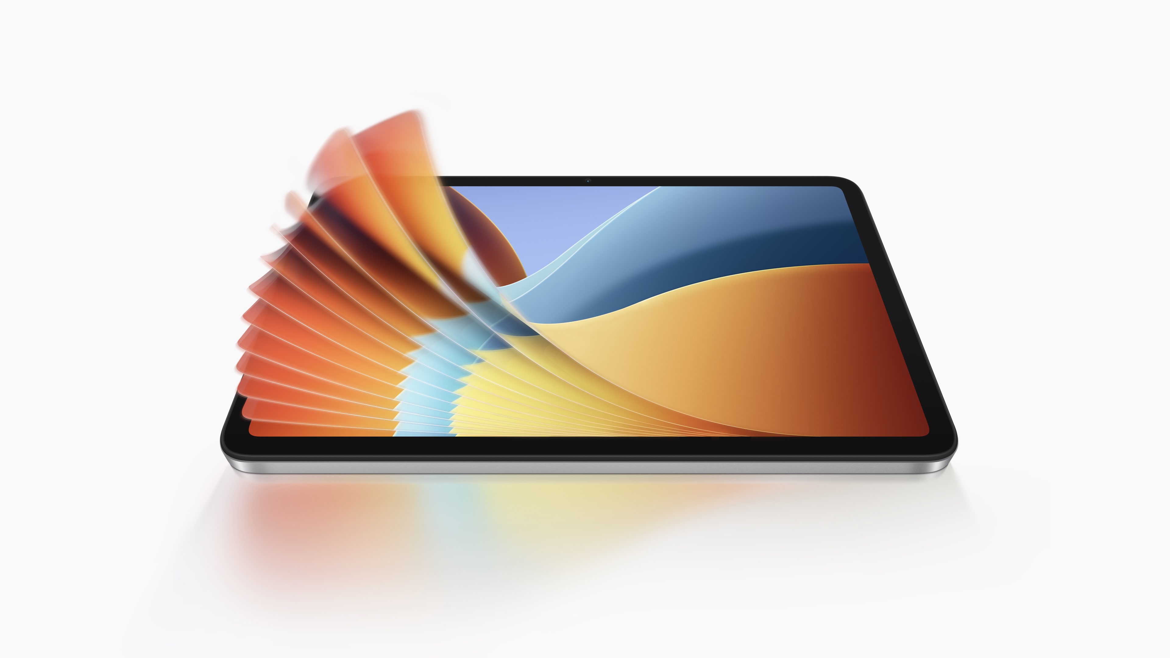 A presentation of a tablet computer, with dynamic colorful wave effects on the screen and a simple white background.
