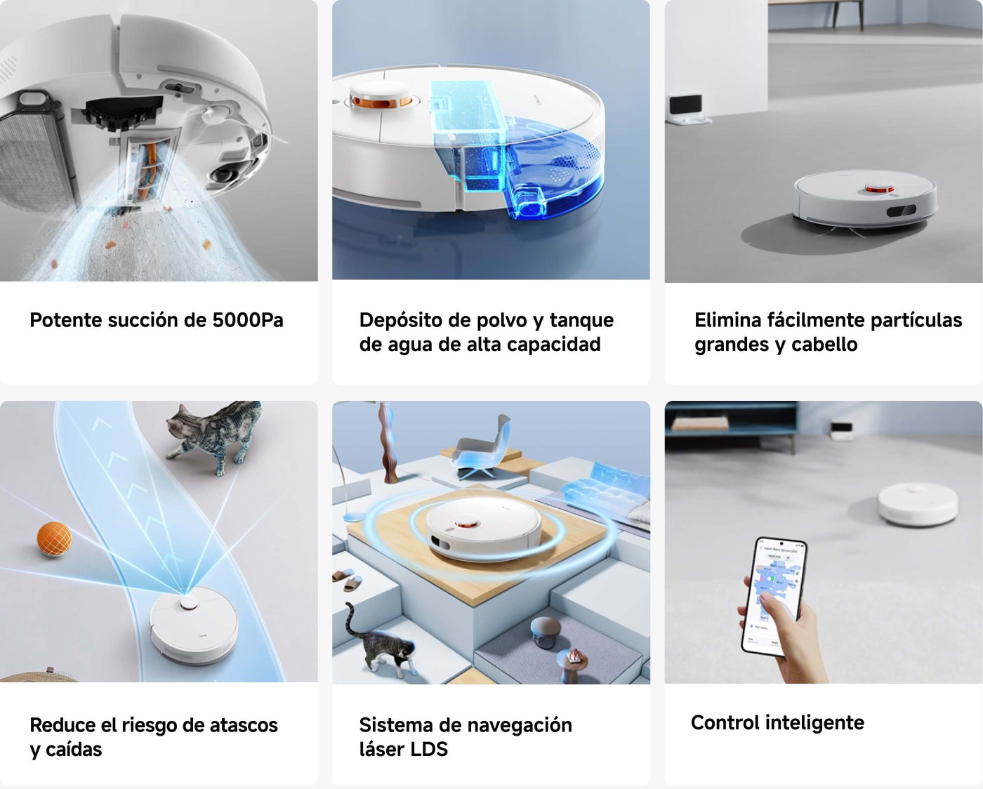 La imagen muestra un robot aspirador con varias características destacadas. Incluye una potente succión de 5000Pa, un depósito de polvo y tanque de agua de alta capacidad, y la capacidad de eliminar fácilmente partículas grandes y cabello. Además, reduce el riesgo de atascos y caídas, cuenta con un sistema de navegación láser LDS y se puede controlar de forma inteligente a través de una aplicación.