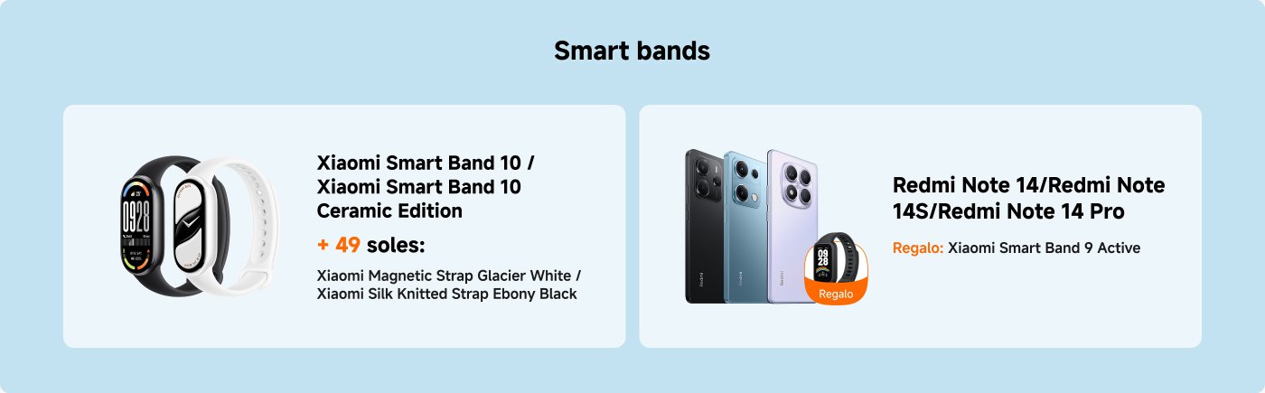 Se mostró la Xiaomi Smart Band 10 y su versión de cerámica, al lado están los teléfonos de la serie Redmi Note 14. Se ofrecen 49 opciones de accesorios, incluyendo la correa magnética de Xiaomi y la correa de tejido de terciopelo. Al comprar un teléfono Redmi, se regala la Xiaomi Smart Band 9 Active.