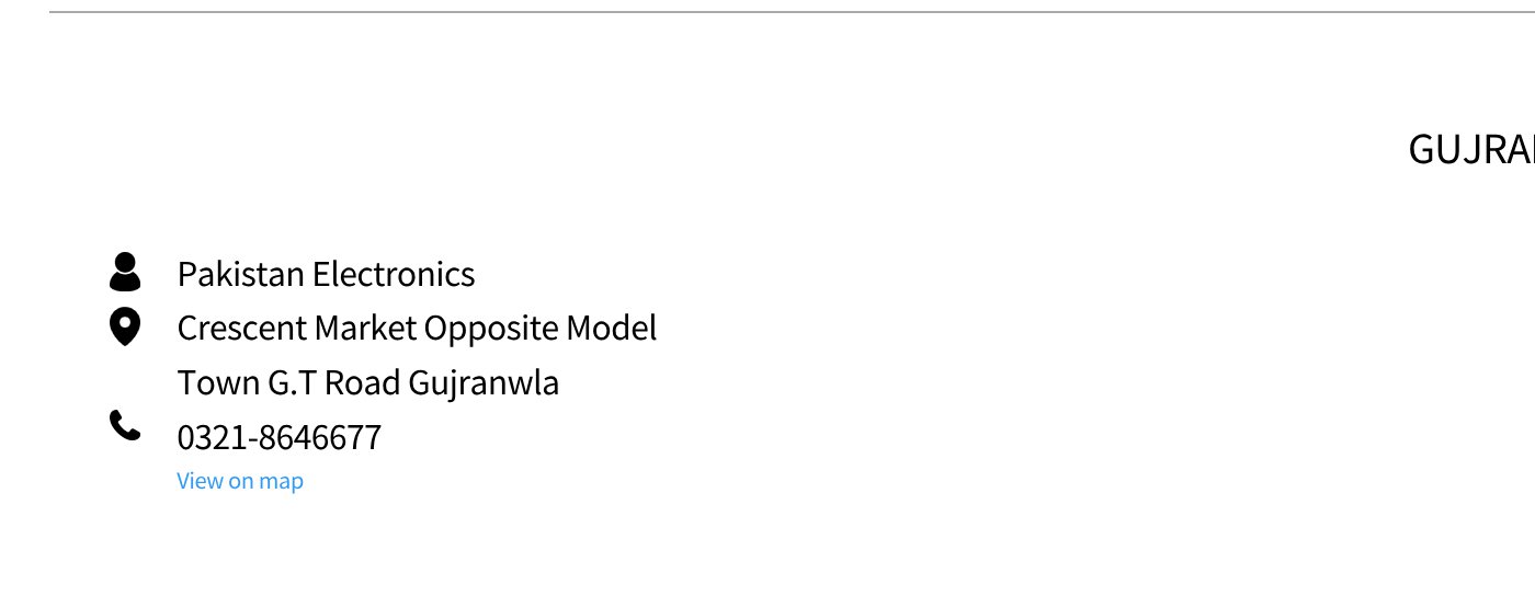 Pakistan Electronics is located in Crescent Market, Gujranwala, at G.T Road Town, and the contact number is 0321-8646677.