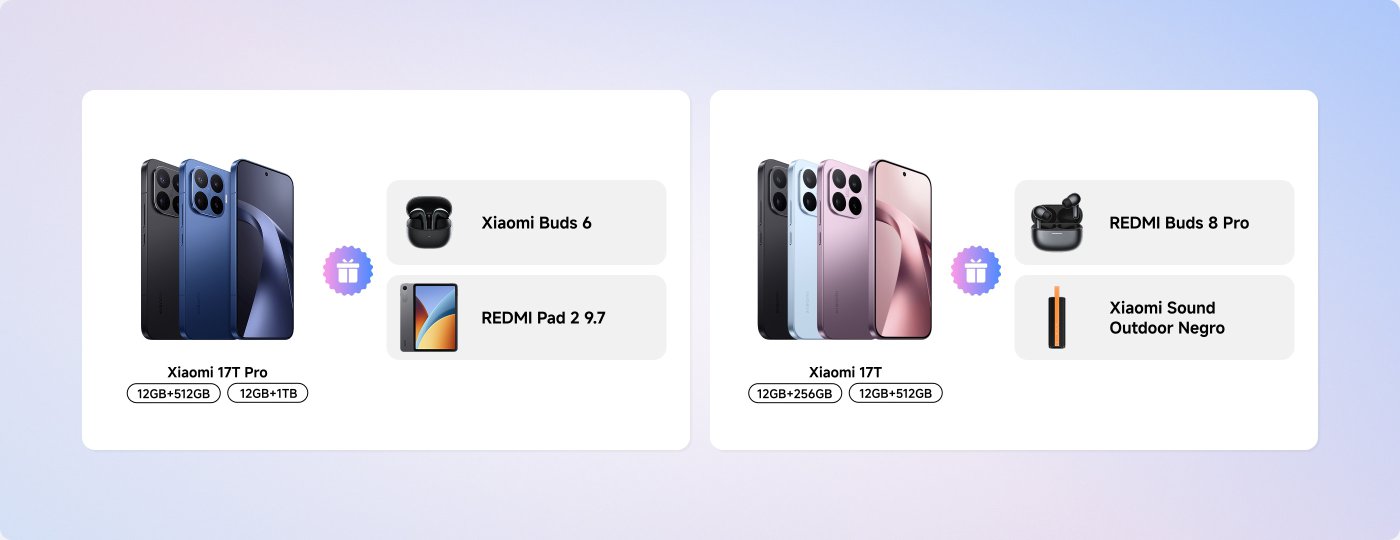 La imagen muestra dos modelos de smartphones: el Xiaomi 17T Pro y el Xiaomi 17T. El 17T Pro está disponible en configuraciones de 12GB+512GB y 12GB+1TB, mientras que el 17T ofrece opciones de 12GB+256GB y 12GB+512GB.

Acompañando a estos dispositivos están los Xiaomi Buds 6, la REDMI Pad 2.7, los REDMI Buds 8 Pro y el Xiaomi Sound Outdoor Negro, sugiriendo una oferta promocional o paquete.