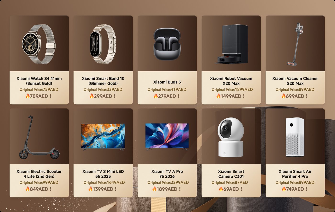 It showcased a variety of Xiaomi electronic products, including smartwatches, headphones, vacuum cleaners, etc., with original prices and discounted prices marked. The products include Xiaomi Watch S4, Xiaomi Smart Band 10, Xiaomi Earbuds 5, Xiaomi Robot Vacuum Cleaner X20 Max, among others.