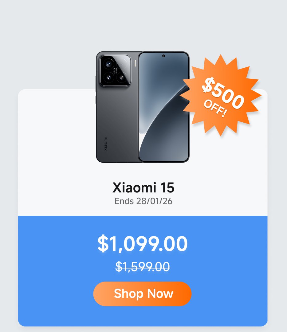 Xiaomi 15 mobile phone promotion, with prices reduced from $1,599.00 to $1,099.00, a discount of $500. The promotion ends on January 28, 2026. Click "Buy Now" to purchase.