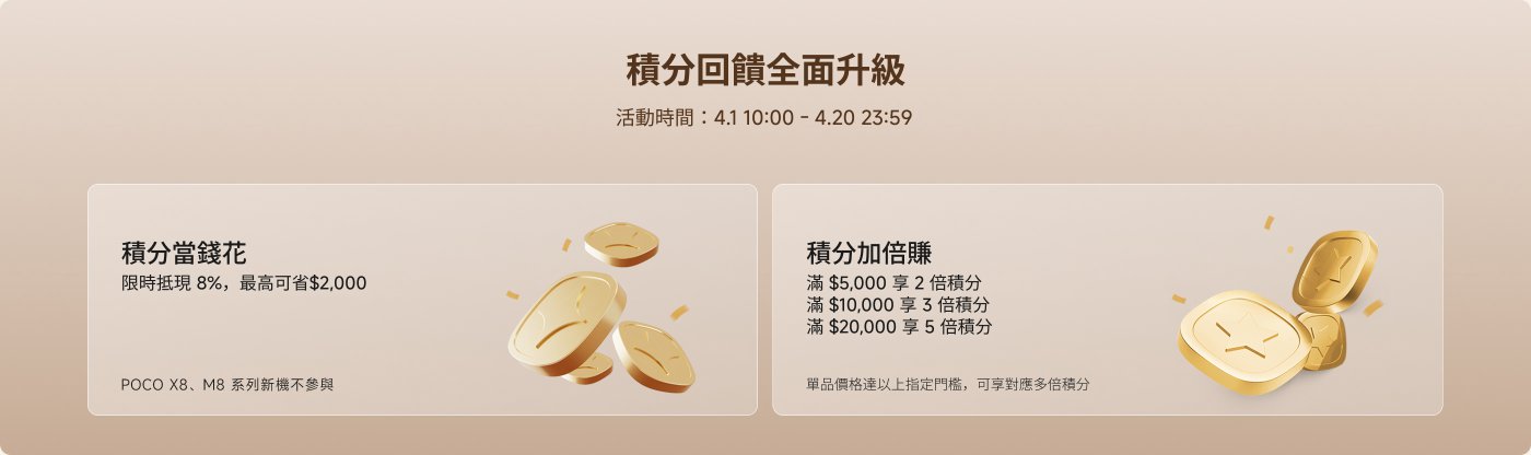 活動推廣資訊，主題為積分回饋。活動時間為4月1日10:00至4月20日23:59。限時抵現8%，最高可省$2,000。消費滿$5,000享2倍積分，滿$10,000享3倍積分，滿$20,000享5倍積分。所有商品適用。