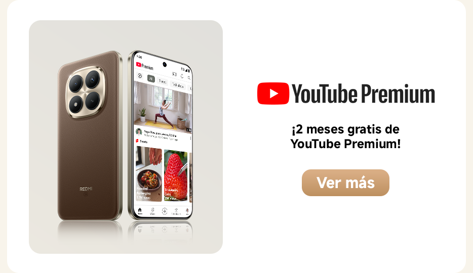 Una exhibición de un teléfono inteligente y otro teléfono, donde uno es de color marrón, la pantalla muestra la interfaz de YouTube Premium, junto a un texto que dice "¡2 meses gratis de YouTube Premium!" y un botón que dice "Ver más".
