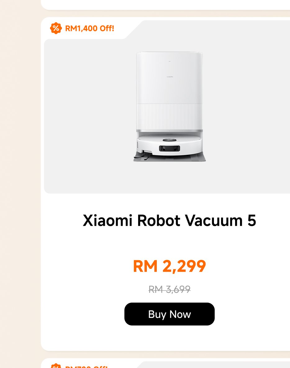 A product called "Xiaomi Robot Vacuum Cleaner 5" is priced at RM 2,299, down from the original price of RM 3,699, with a discount of RM 1,400. It includes a "Buy Now" button.