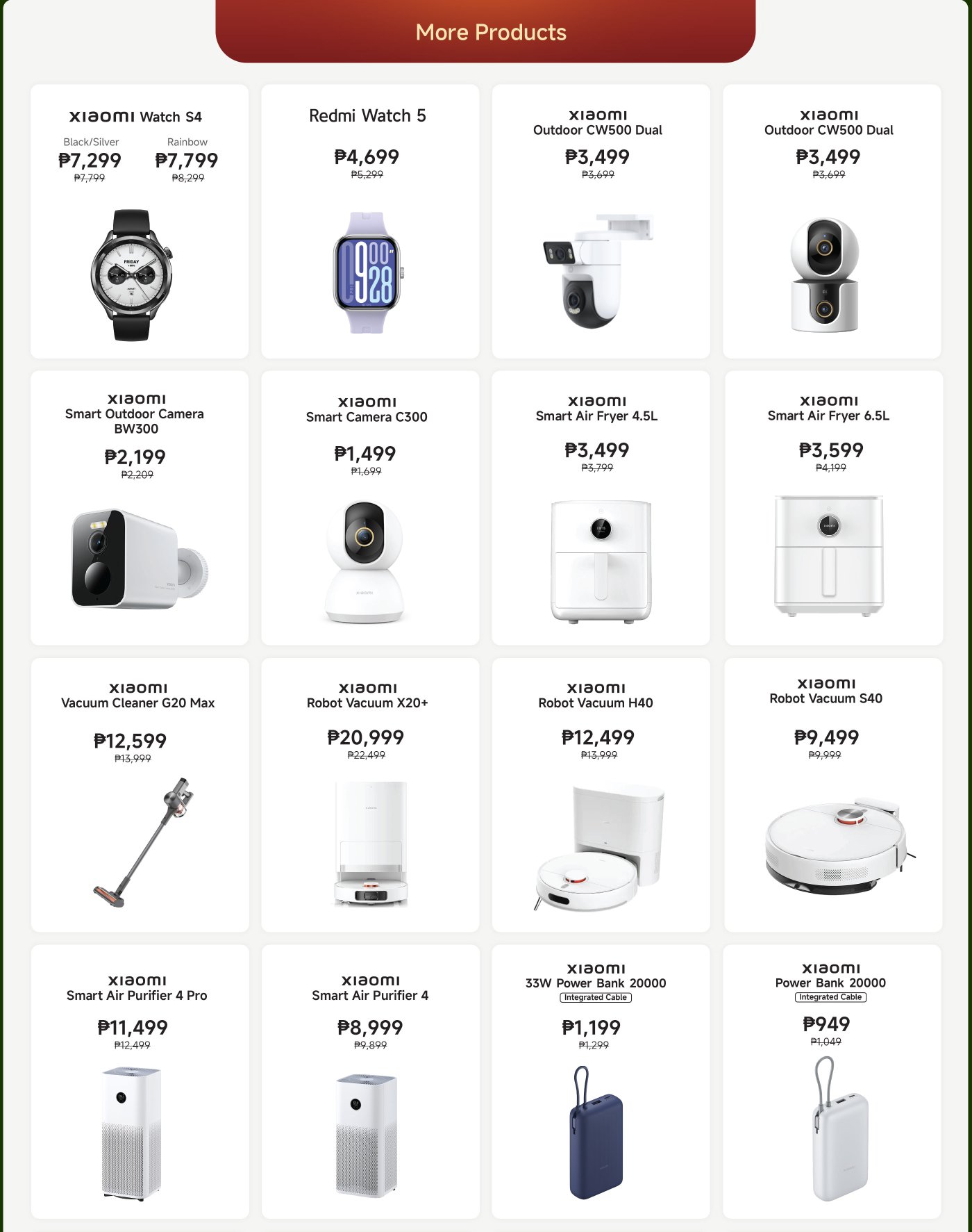 Showcases a variety of Xiaomi products, including smartwatches, cameras, air fryers, vacuum cleaners, and power banks, with price information labeled beside them.
