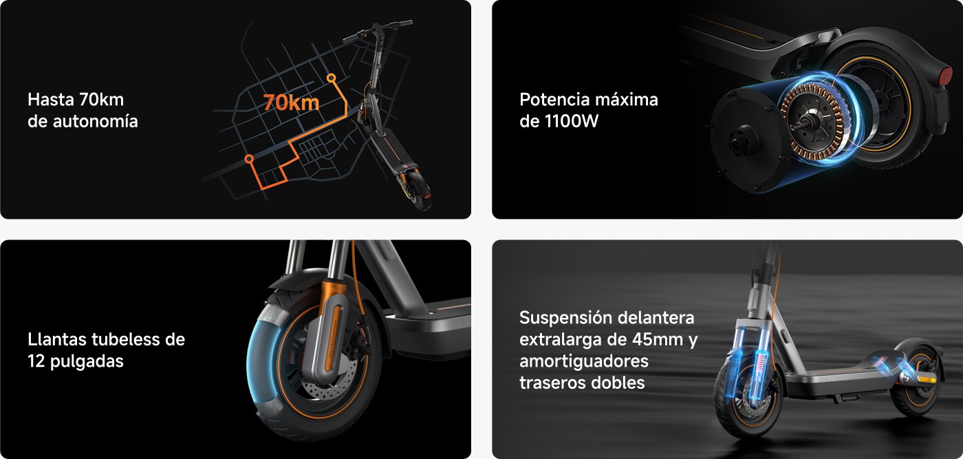 Imagen que muestra un patinete eléctrico con características destacadas:

1. Autonomía de hasta 70 km.
2. Potencia máxima de 1100W.
3. Llantas tubeless de 12 pulgadas.
4. Suspensión delantera extralarga de 45 mm y amortiguadores traseros dobles.