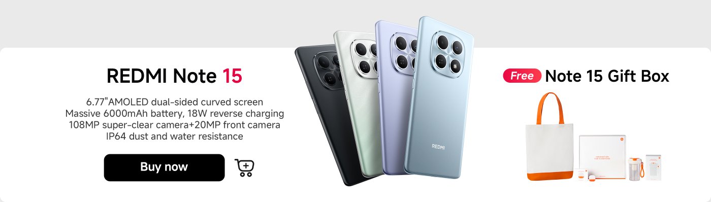 The Redmi Note 15 features a 6.77" AMOLED dual-sided curved screen, a 6000mAh battery, 18W reverse charging, and a 108MP rear camera with a 20MP front camera. It is IP64 rated for dust and water resistance. A free Note 15 gift box is included with purchase.