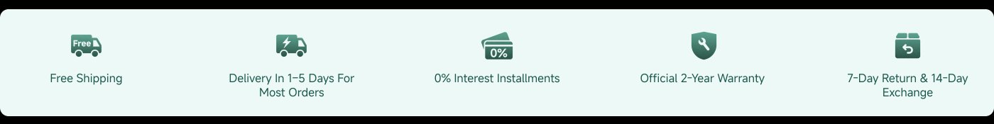 The image displays a set of service benefits, including:

- Free Shipping
- Delivery in 1-5 Days for Most Orders
- 0% Interest Installments
- Official 2-Year Warranty
- 7-Day Return & 14-Day Exchange