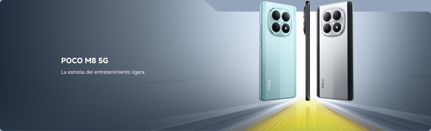 El teléfono POCO M8 Pro 5G, que muestra tres modelos en diferentes colores, con un fondo azul degradado, se describe como un dispositivo de entretenimiento de gama media.