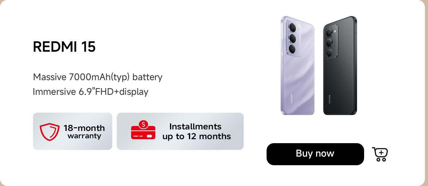 تتميز الصورة بإصداراتين من هاتف Redmi 15 الذكي، واحدة باللون اللافندر والأخرى باللون الأسود. تبرز المواصفات الرئيسية: بطارية ضخمة بسعة 7000 مللي أمبير وشاشة FHD+ مقاس 6.9 بوصة. كما تذكر ضمانًا لمدة 18 شهرًا وخيارات سداد بالتقسيط تصل إلى 12 شهرًا، مع زر "اشترِ الآن" ظاهر.