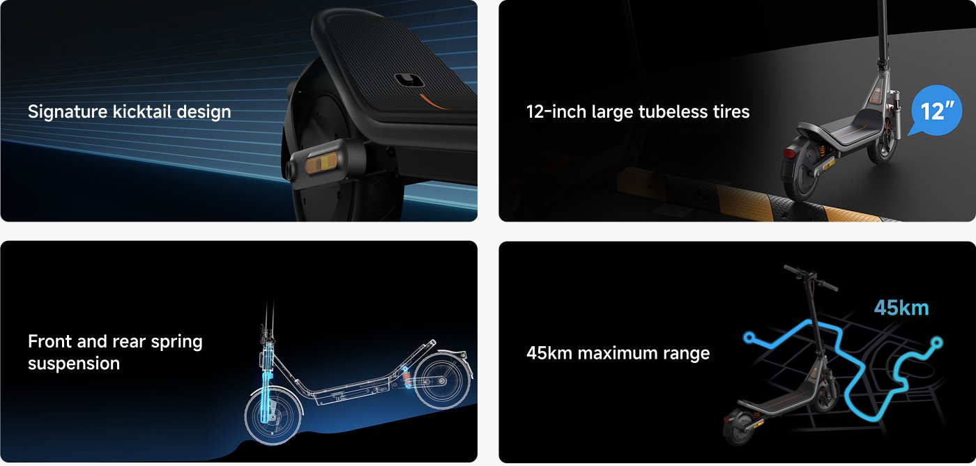 The image features a four-panel design highlighting key features of an electric scooter.

1. The top left panel showcases the scooter's signature kicktail design.
2. The top right panel compares 12-inch large tubeless tires with 10-inch tires.
3. The bottom left panel emphasizes the front and rear spring suspension system.
4. The bottom right panel indicates a maximum range of 45 kilometers.