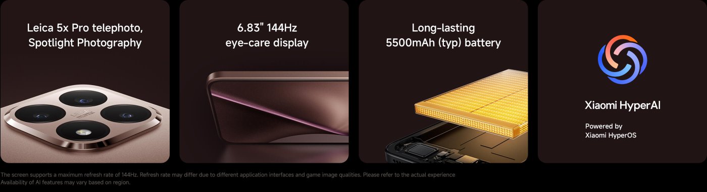 A smartphone equipped with a Leica 5x Pro telephoto lens and spotlight photography features, featuring a 6.83-inch 144Hz eye protection display, a long-lasting 5500mAh battery, and supports Xiaomi HyperAI and Xiaomi HyperOS.