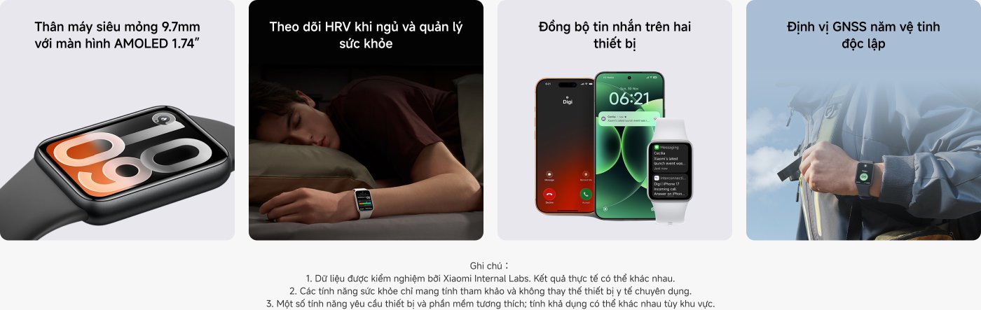 Bức ảnh này trình bày các đặc điểm của một chiếc đồng hồ thông minh, bao gồm thân máy siêu mỏng 9.7mm và màn hình AMOLED 1.74 inch. Đồng hồ có thể theo dõi HRV và quản lý sức khỏe, hỗ trợ đồng bộ tin nhắn trên hai thiết bị, và còn có chức năng định vị GNSS độc lập.