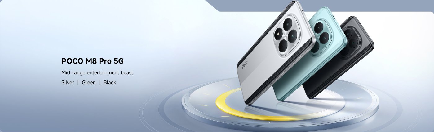 The POCO M8 Pro 5G phone is available in three colors: silver, green, and black, highlighting its features as a mid-range entertainment device. The background showcases a modern design.
