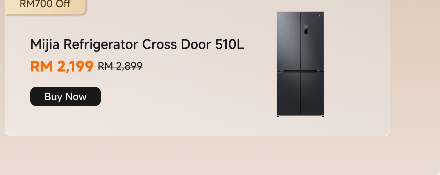 Mijia 510L cross-door refrigerator, now priced at RM 2,199, original price RM 2,899. Provides an "Buy Now" option.