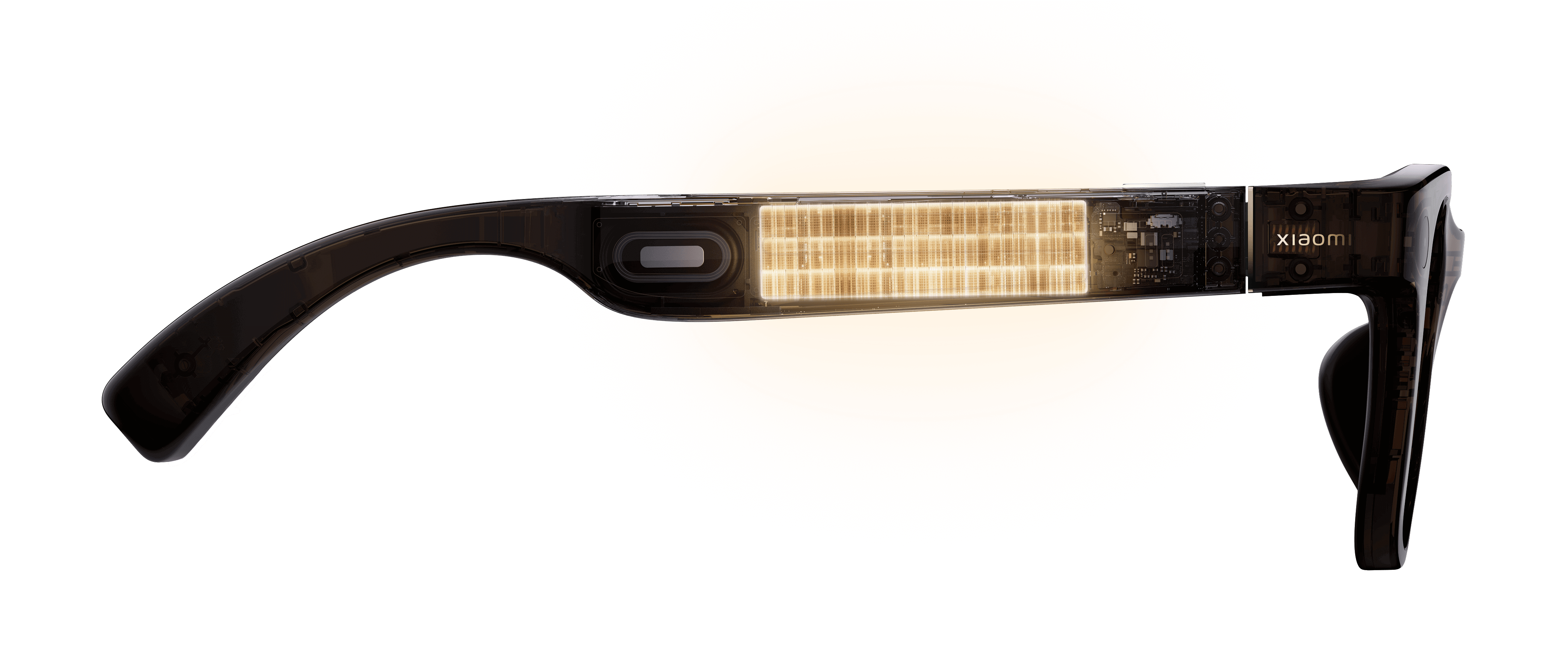 A side view of the Xiaomi smart glasses, showcasing its transparent structure and internal circuit design, with an orange halo in the background.