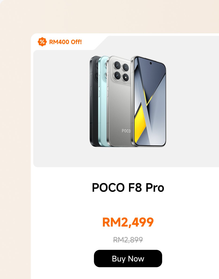 POCO F8 Pro phone display, priced at RM2,499, original price RM2,899, discount RM400. There is a "Buy Now" button below. The phone is displayed in various colors.