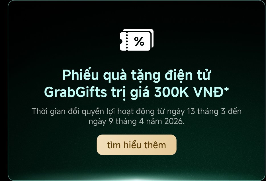 Thông tin về phiếu quà tặng điện tử GrabGifts, trị giá 300.000 VNĐ. Chương trình có hiệu lực từ ngày 9 tháng 3 năm 2023 đến ngày 9 tháng 4 năm 2026. Còn có một nút “Tìm hiểu thêm”.