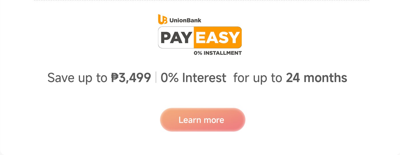 UnionBank offers a "PAYEASY" installment plan with 0% interest. Payments start as low as ₱809 per month for up to 18 months. There's a "Learn more" button for additional information.