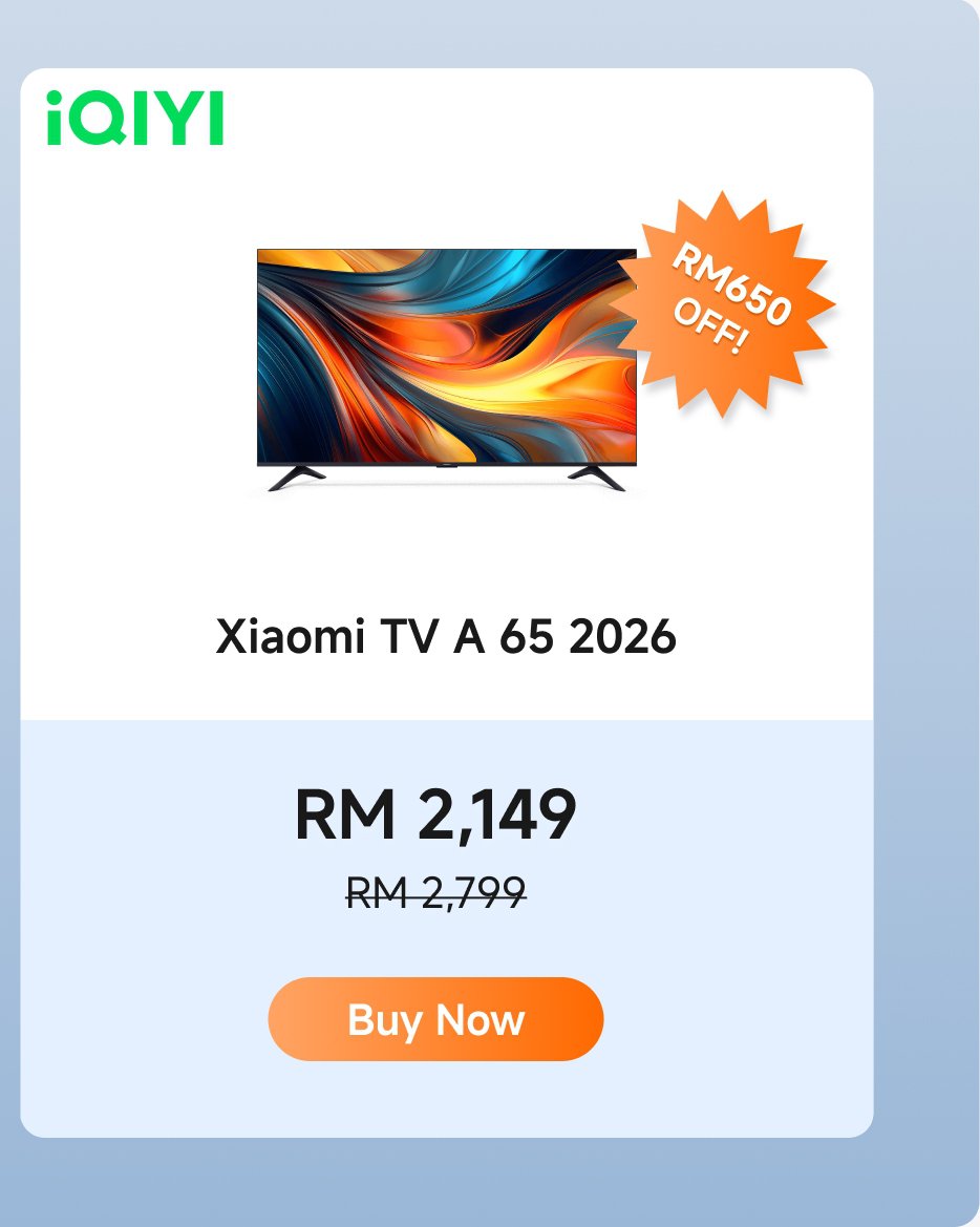 Xiaomi TV A 65 2026 promotional information, currently priced at RM 2,149, originally RM 2,799, enjoying a RM 1,000 discount. Options include an "Buy Now" button. The background is light blue, and the TV displays colorful patterns.