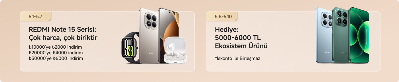 REDMI serisi için bir tanıtım reklamı, satın alma miktarlarına göre indirimleri vurguluyor:

- 10.000 TL üzerindeki alımlar için 2000 TL indirim
- 20.000 TL üzerindeki alımlar için 4000 TL indirim
- 30.000 TL üzerindeki alımlar için 6000 TL indirim

Ayrıca, indirimlerle birleştirilemeyecek 5000-6000 TL değerinde bir ekosistem ürünü hediyesi sunulmaktadır. Görselde akıllı telefonlar ve aksesuarlar dahil olmak üzere çeşitli REDMI ürünleri yer almaktadır.