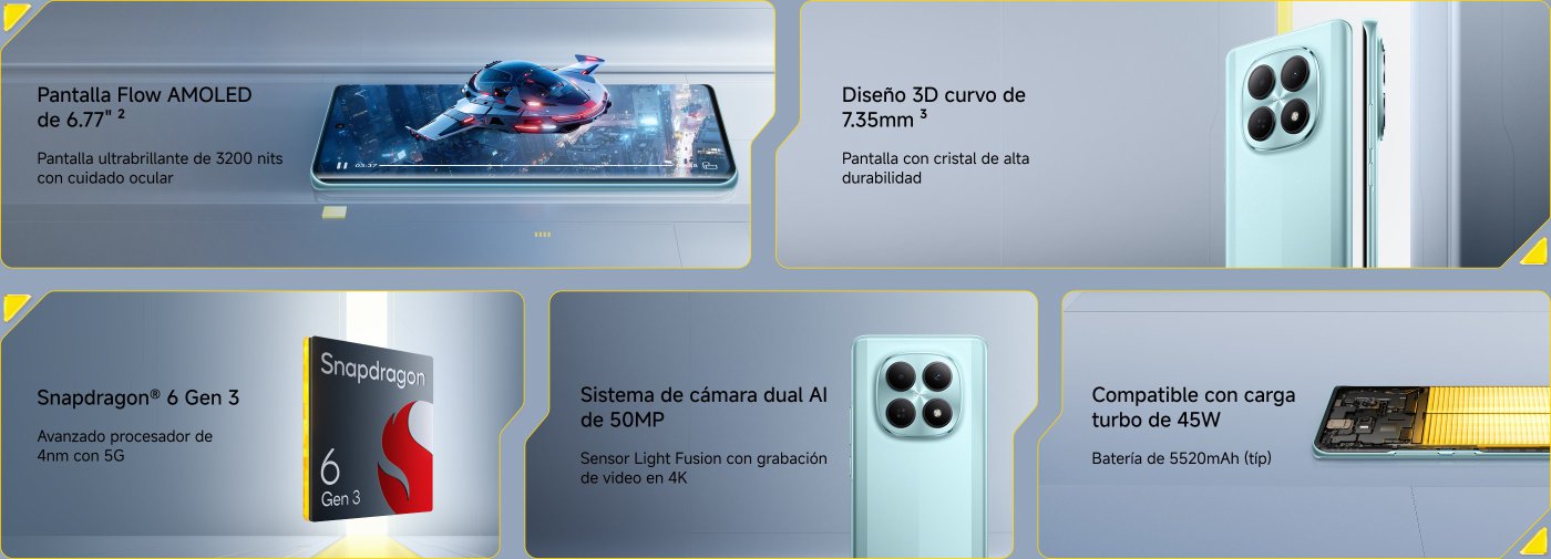 La imagen presenta las características de un teléfono inteligente, incluyendo:

- Pantalla Flow AMOLED de 6.77" con 3200 nits de brillo y cuidado ocular.
- Diseño 3D curvo de 7.35 mm con cristal de alta durabilidad.
- Procesador Snapdragon® 6 Gen 3, avanzado de 4nm y con 5G.
- Sistema de cámara dual AI de 50MP con sensor Light Fusion y grabación en 4K.
- Compatible con carga turbo de 45W y batería de 5520mAh.