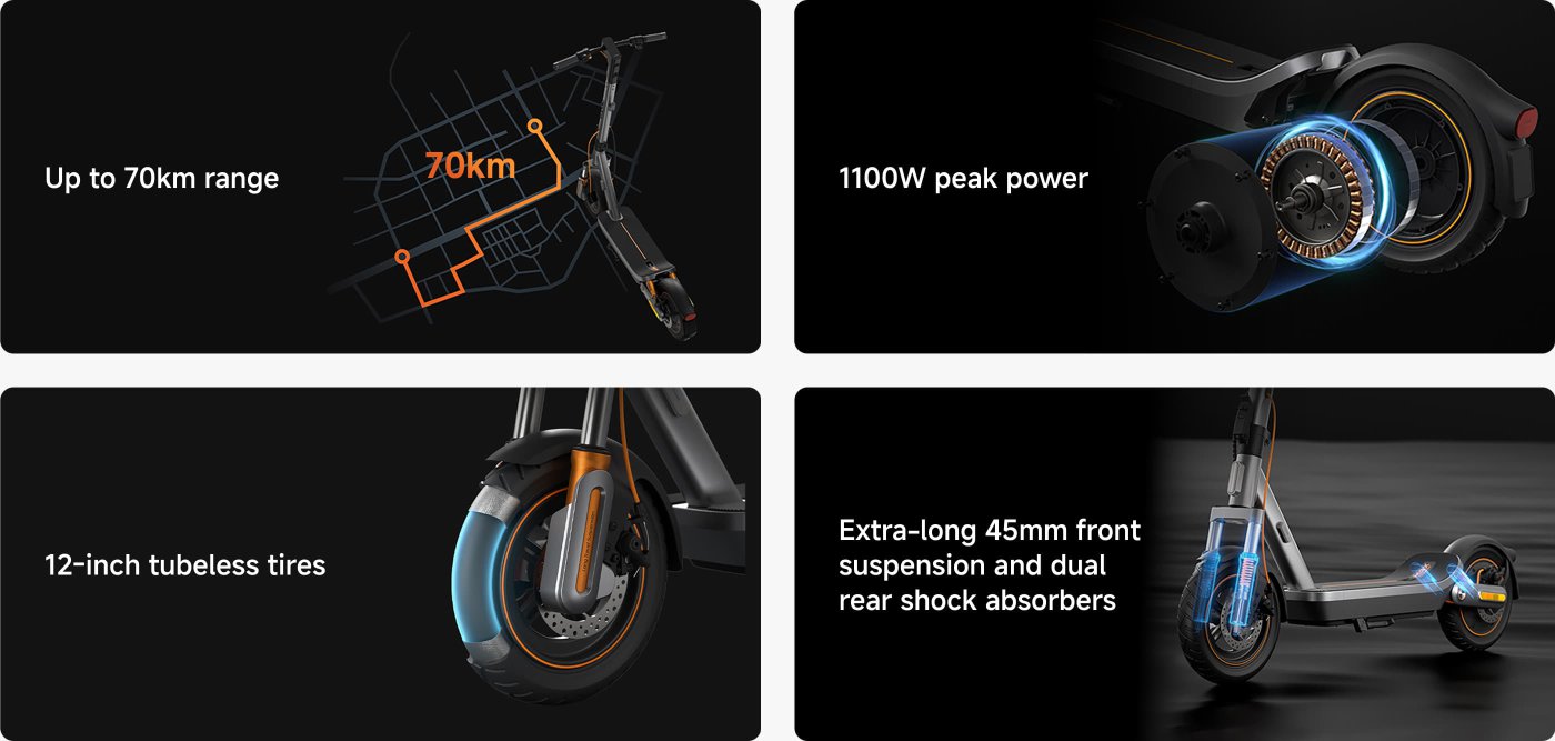 Electric scooter features include a range of up to 70 km, peak power of 1100W, 12-inch tubeless tires, and extra-long 45mm front suspension with dual rear shock absorbers for enhanced comfort and performance.