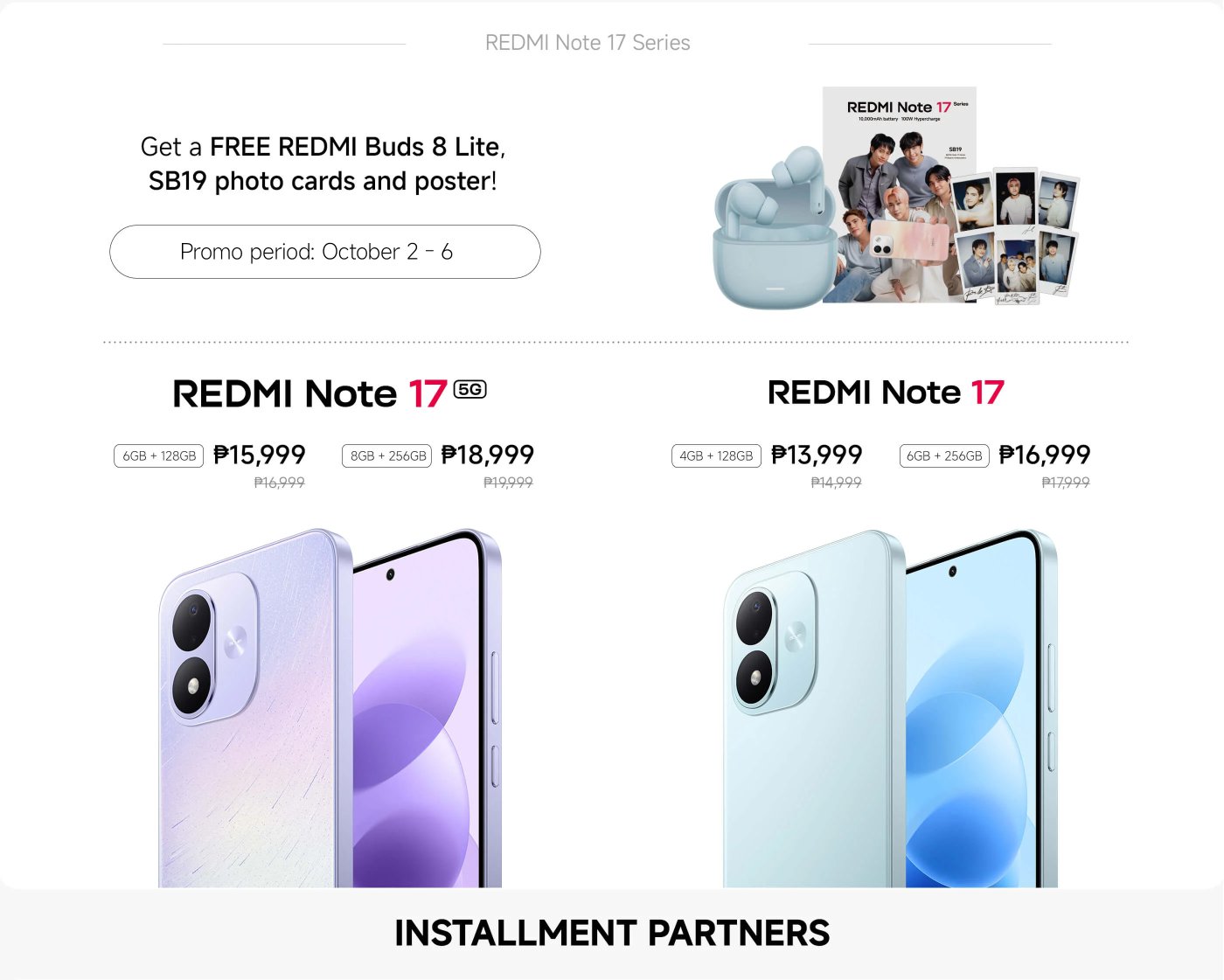 Promotional poster for the REDMI Note 17 series featuring two models: REDMI Note 17 5G with prices of ₱15,999 for 6GB + 128GB and ₱18,999 for 8GB + 256GB; and REDMI Note 17 with prices of ₱13,999 for 4GB + 128GB and ₱16,999 for 6GB + 256GB. A free gift of REDMI Buds 8 Lite, SB19 photo cards, and a poster is included from October 2 to 6.
