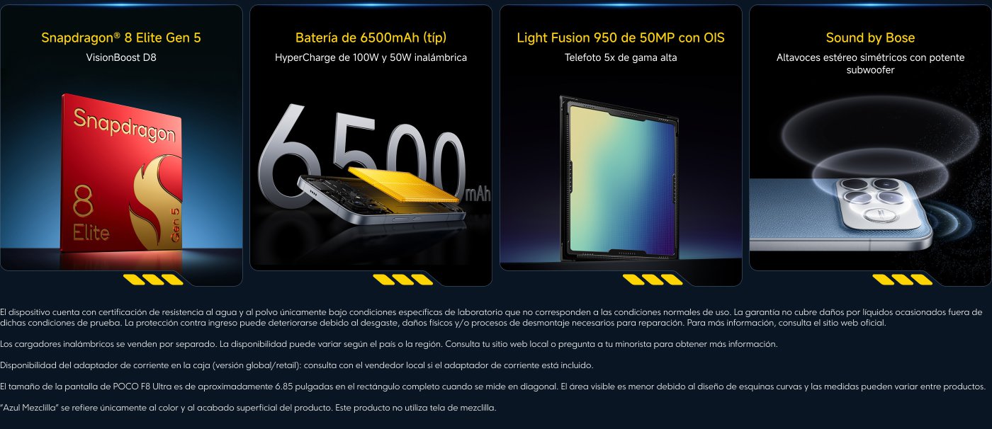 Snapdragon® 8 Elite Gen 5, batería de 6500mAh con HyperCharge de 100W y 50W inalámbrica, Light Fusion 950 de 50MP con OIS y telefoto 5x. Altavoces estéreo simétricos con subwoofer potente. Información sobre resistencia al agua y polvo, cargadores y adaptadores.