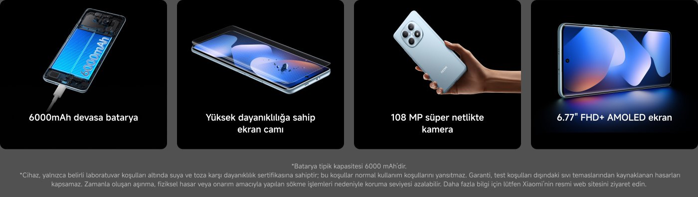 Görüntü, birkaç vurgulanmış özellik ile bir akıllı telefonu içermektedir:

1. **Pil**: 6000mAh kapasite.
2. **Ekran**: Yüksek dayanıklılığa sahip cam.
3. **Kamera**: 108 MP süper çözünürlük.
4. **Görüntü**: 6.77" FHD+ AMOLED ekran.

Pil özelliklerinin laboratuvar koşullarına dayandığını belirten bir not bulunmaktadır.