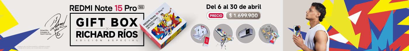 Imagen promocional para el REDMI Note 15 Pro 5G que presenta una colaboración con una caja de regalo de Richard Ríos. La oferta está disponible desde el 6 de abril hasta el 30 de abril, con un precio de $1,699,900. El diseño incluye elementos geométricos coloridos, una funda de teléfono destacada, una camiseta deportiva y accesorios.