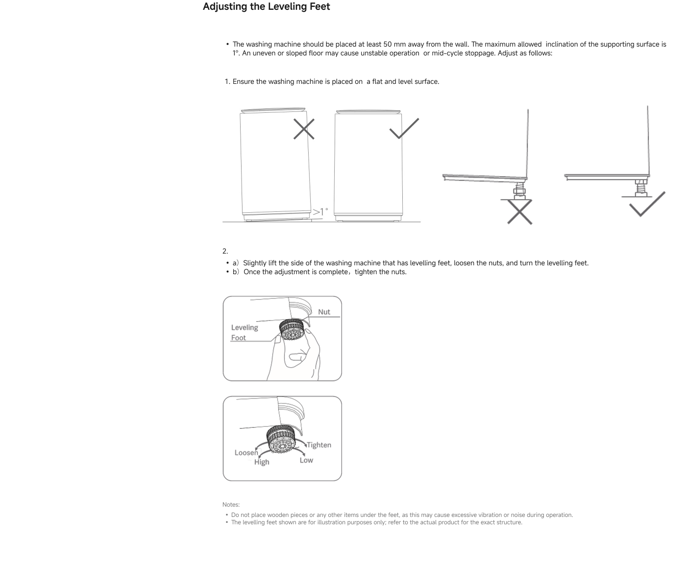 Washing Machine Installation Instructions

**Installation Environment**

**Installation Size Requirements**
- Maintain >15mm space on left and right, >20mm on top, and >30mm at the back.
- Ensure adequate space for power supply, water inlet, and floor drain.
- Measure door frame size to ensure the washing machine fits.
- Best to install in a dry location, avoiding direct sunlight; ambient temperature should be 0°C-40°C.
- Do not place on uneven surfaces to prevent vibration displacement.
- Install on flat, hard ground and level the machine; avoid moving once leveled.

**Safe Use of Electricity**
- Avoid using multi-purpose sockets without independent switches.
- Ensure the power supply is grounded and can handle at least 10A.