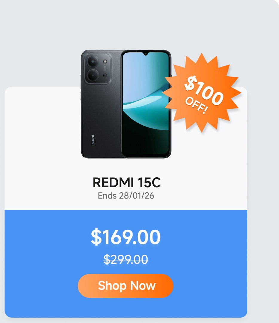 The advertisement showcases a phone called REDMI 15C, originally priced at $299, now on sale for $169, saving $100. The promotion ends on January 28, 2026, and there is a "Buy Now" button at the bottom.