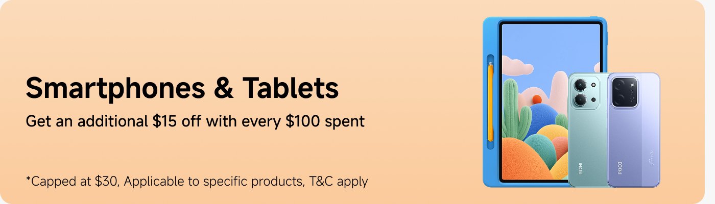 Smartphones and tablets are displayed with a promotion offering an additional $15 off for every $100 spent, capped at $30. The products include various models, showcasing their designs. Terms and conditions apply.