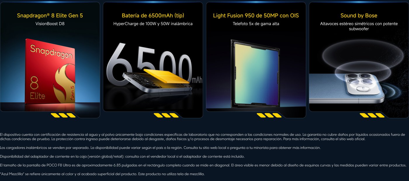 Snapdragon® 8 Elite Gen 5, batería de 6500mAh con HyperCharge de 100W y 50W inalámbrica, cámara Light Fusion 950 de 50MP con OIS, sonido por Bose con altavoces estéreo y subwoofer. Dispositivo resistente al agua y polvo, detalles de garantía y adaptadores disponibles.