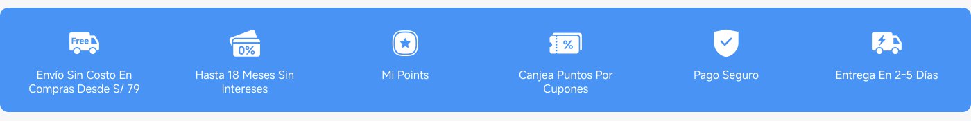 La imagen contiene información promocional, que incluye:

- Envío gratis en compras superiores a S/ 79
- Opciones de financiamiento de hasta 18 meses sin interés
- Programa de puntos (Mis Puntos)
- Opción para canjear puntos por cupones
- Opción de pago seguro
- Entrega en un plazo de 2 a 5 días

El diseño es simple con íconos que representan cada característica.
