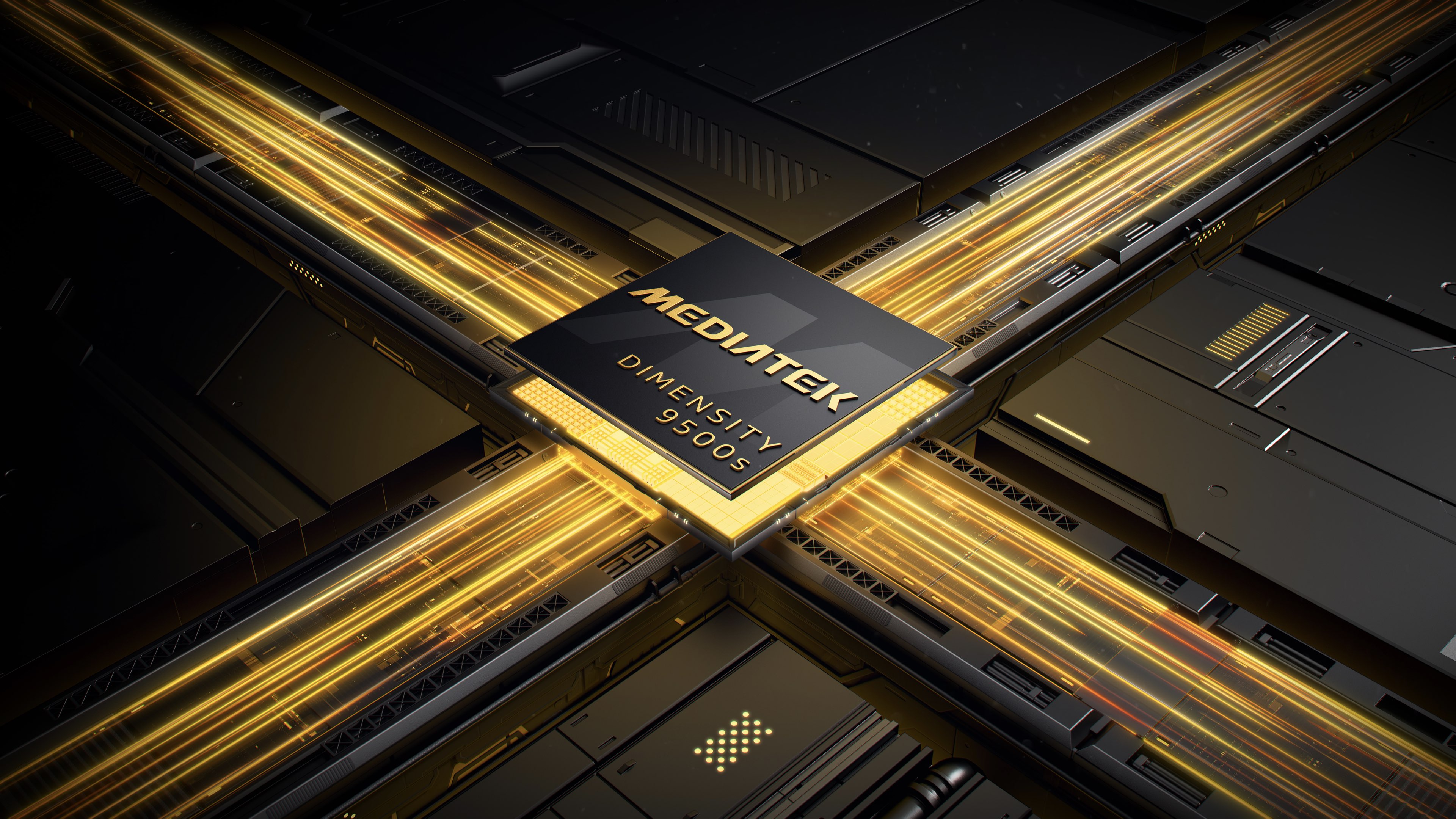 The image shows a chip on a black background, labeled "MediaTek Dimensity 9500s." Surrounding it are yellow lights that seem to be transmitting data, creating a technological atmosphere.