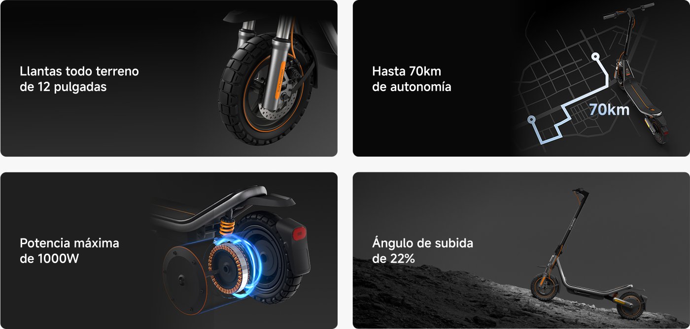 Imágenes que presentan características de un patinete eléctrico:

1. Llanta todo terreno de 12 pulgadas.
2. Autonomía de hasta 70 km.
3. Potencia máxima de 1000W.
4. Capacidad para subir pendientes de hasta 22%.