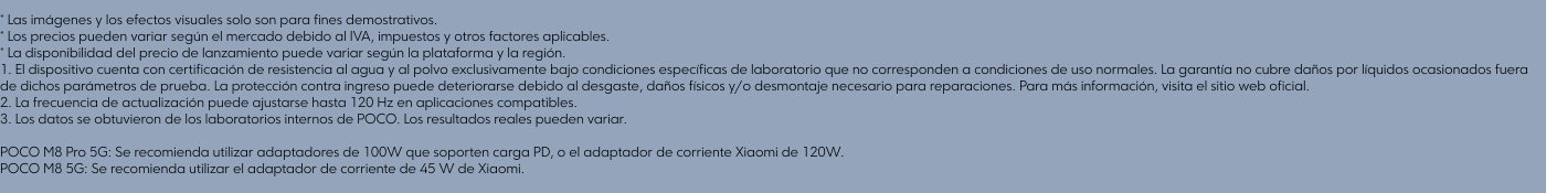 El teléfono POCO M8 Pro 5G, que muestra tres modelos en diferentes colores, con un fondo azul degradado, se describe como un dispositivo de entretenimiento de gama media.