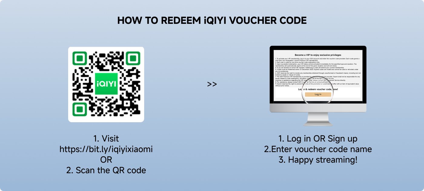 Instructions on redeeming an iQIYI voucher code include:

1. Visit the provided link or scan the QR code.
2. Log in or sign up for an account.
3. Enter the voucher code.
4. Enjoy streaming!

The image features a QR code and a computer screen displaying detailed instructions.