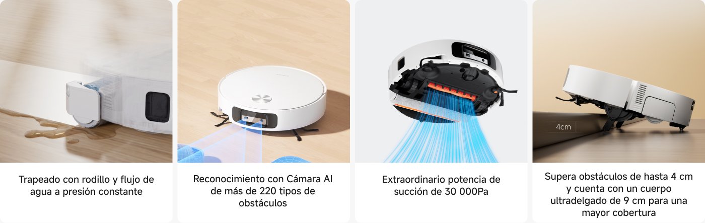 Un robot aspirador con características destacadas: 

1. Trapeado con rodillo y flujo de agua a presión constante.
2. Reconocimiento de más de 220 tipos de obstáculos mediante cámara AI.
3. Potencia de succión extraordinaria de 30,000 Pa.
4. Capacidad para superar obstáculos de hasta 4 cm con un diseño ultradelgado de 9 cm.